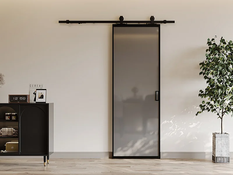 Puerta corredera vista - aluminio y vidrio templado ahumado mate - Alt. 205 x L63 cm - LINCI II