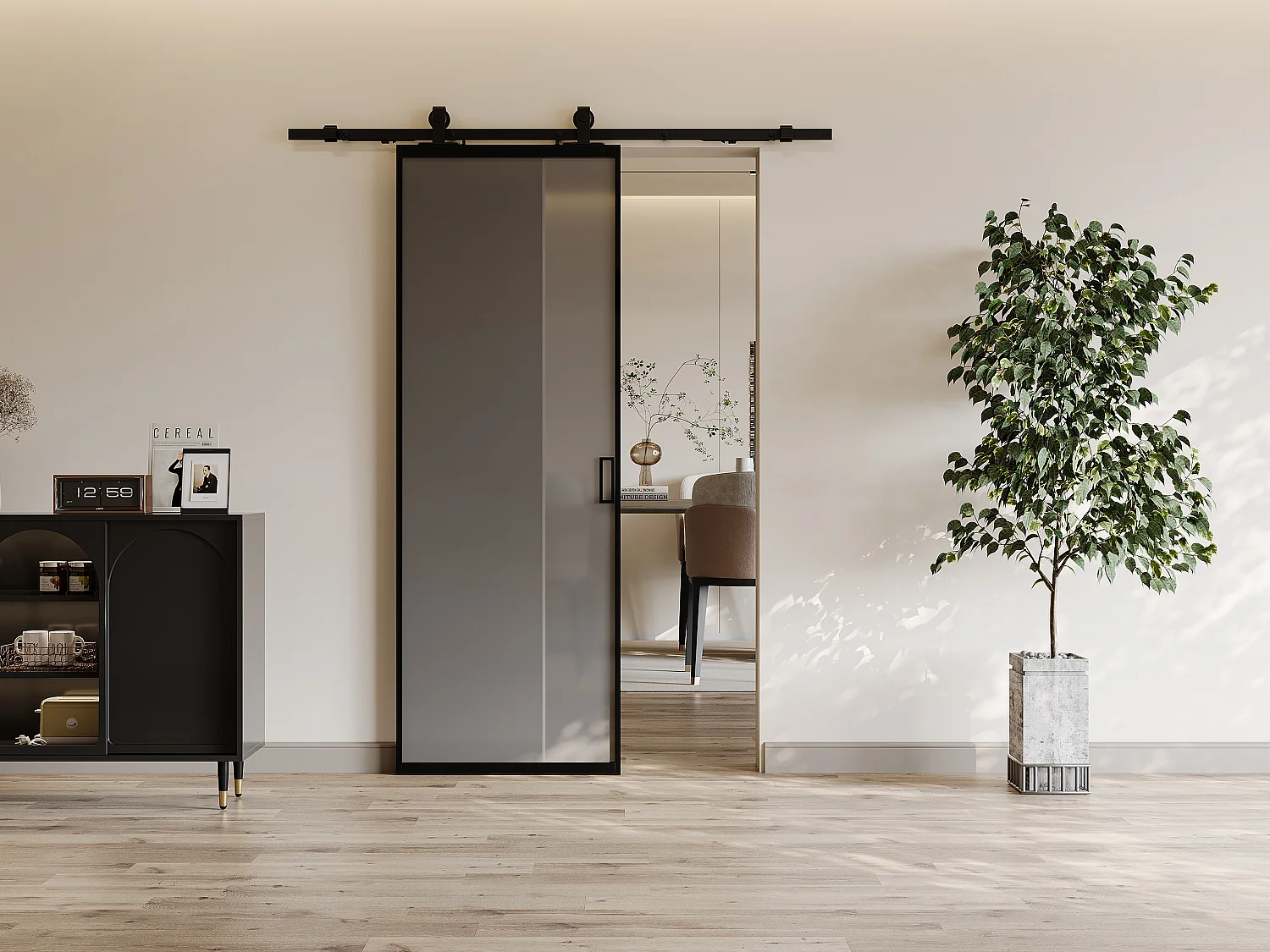 Schiebetür mit Laufschienensystem - Aluminium & rauchfarbenes Sicherheitsglas - 205 cm x 63 cm - LINCI II