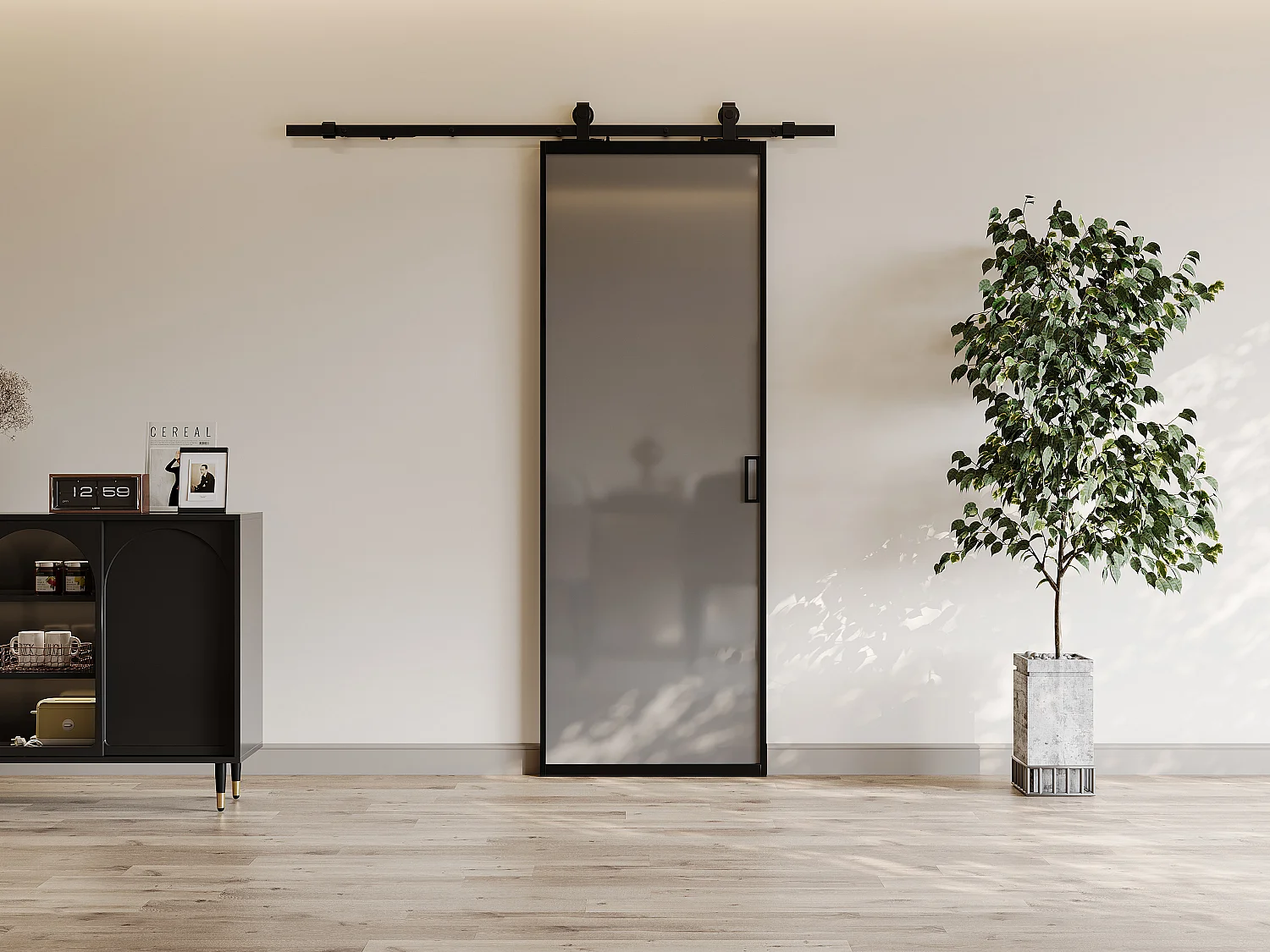 Porte coulissante avec système en applique - aluminium et verre trempé fumé dépoli - H205 x L63 cm - LINCI II