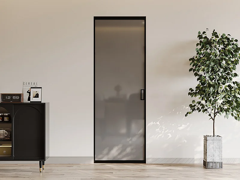 Porte coulissante avec système à galandage - aluminium et verre trempé fumé dépoli - H205 x L63 cm - LINCI II