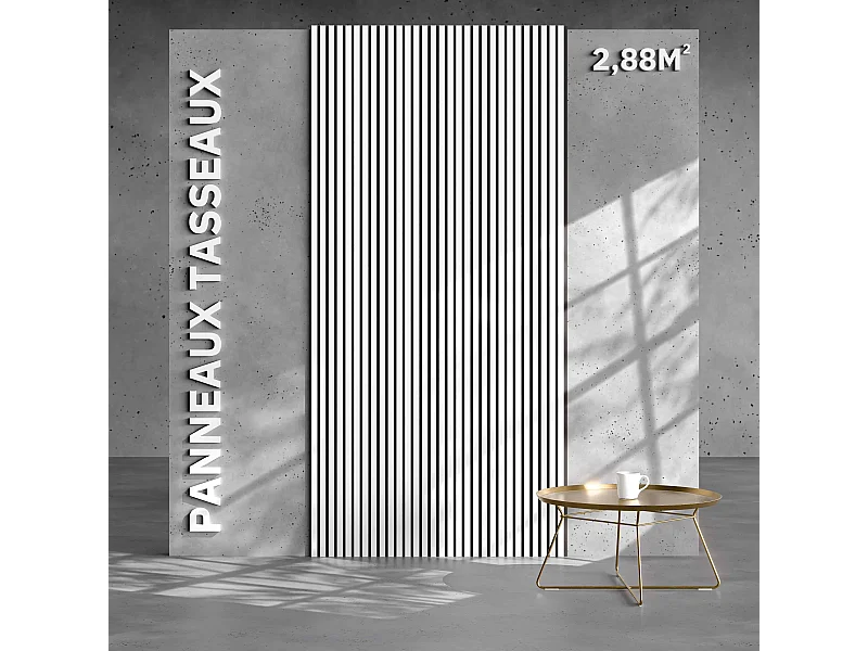 Lot de 2 Panneaux Tasseaux Bois - Blanc Feutre Noir - 2,88 m², 2400 x 600 mm, Mon Marché Déco