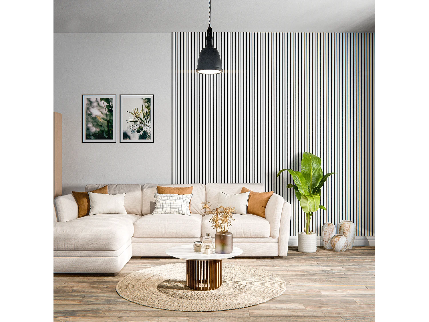 Lot de 2 Panneaux Tasseaux Bois - Blanc Feutre Noir - 2,88 m², 2400 x 600 mm, Mon Marché Déco