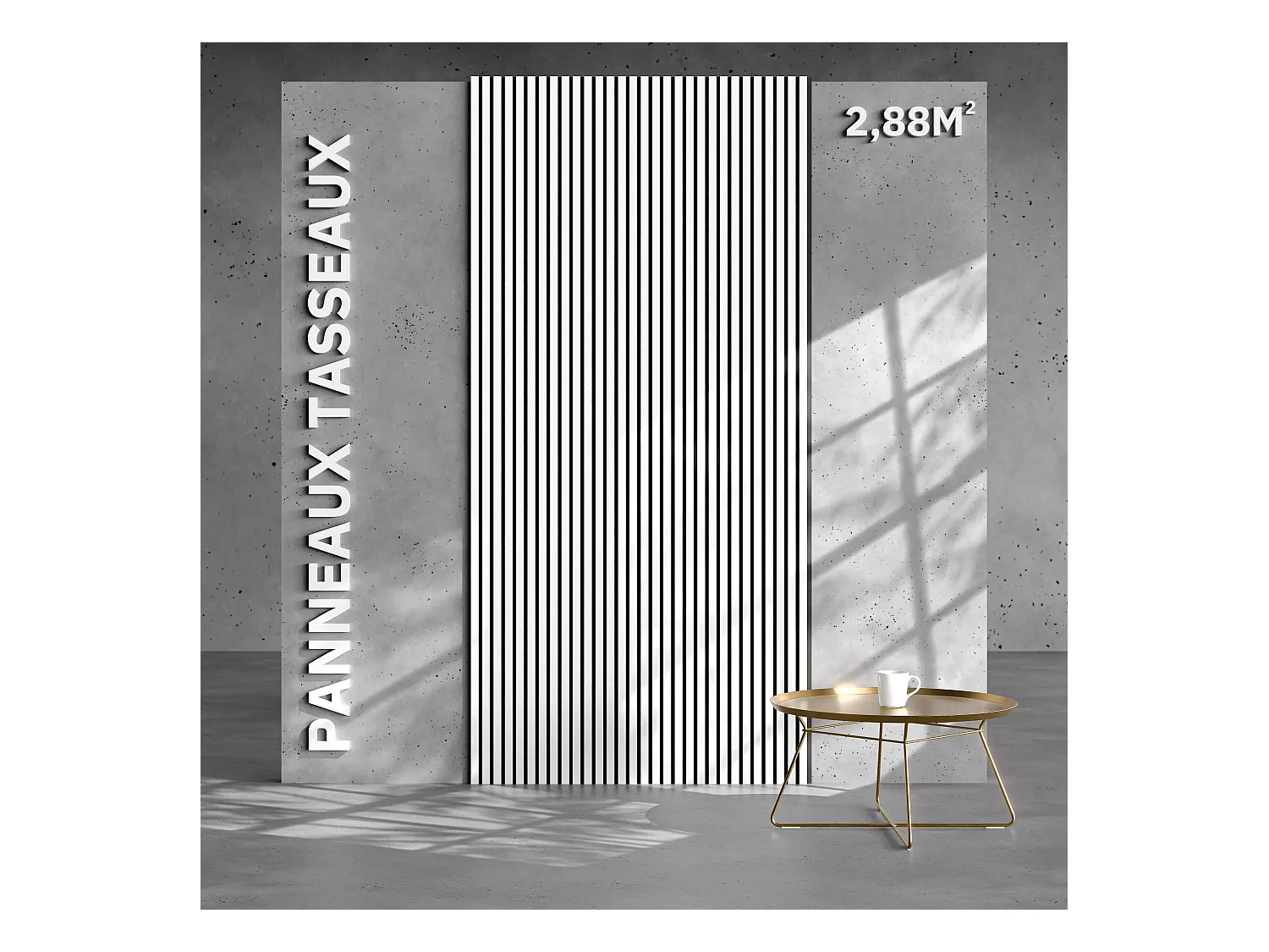 Lot de 2 Panneaux Tasseaux Bois - Blanc Feutre Noir - 2,88 m², 2400 x 600 mm, Mon Marché Déco