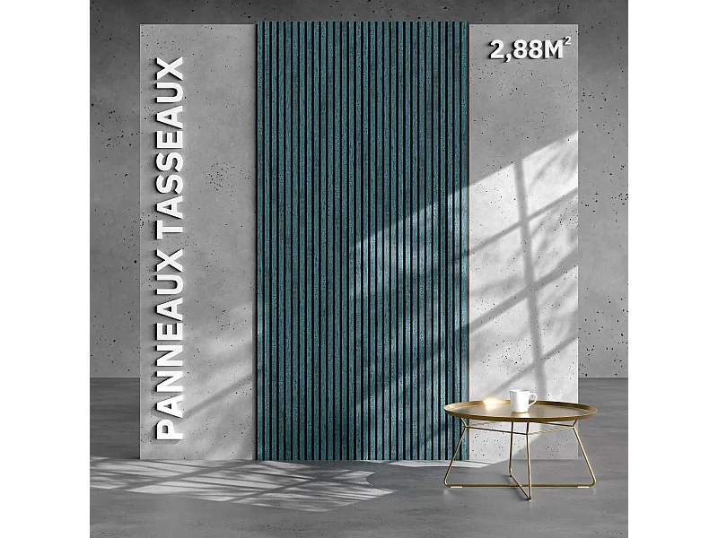 Lot de 2 Panneaux Tasseaux Bois - Bleu Oxyde Feutre Noir - 2,88 m², 2400 x 600 mm, Mon Marché Déco
