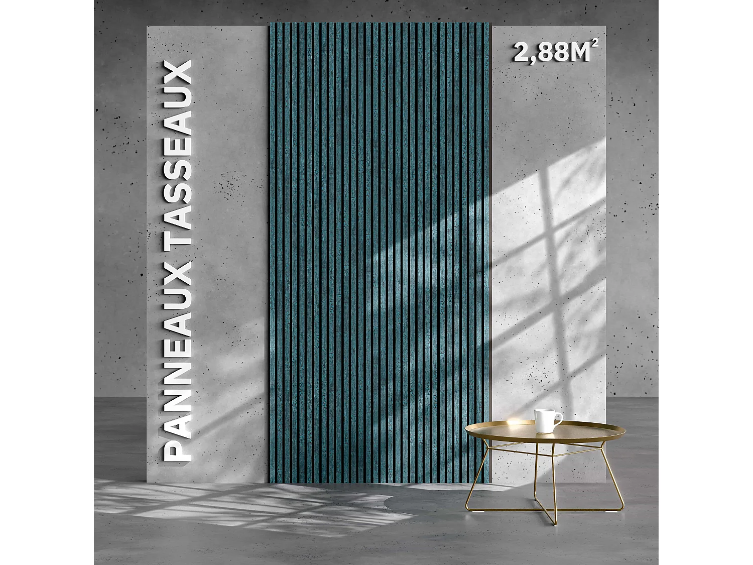 Lot de 2 Panneaux Tasseaux Bois - Bleu Oxyde Feutre Noir - 2,88 m², 2400 x 600 mm, Mon Marché Déco