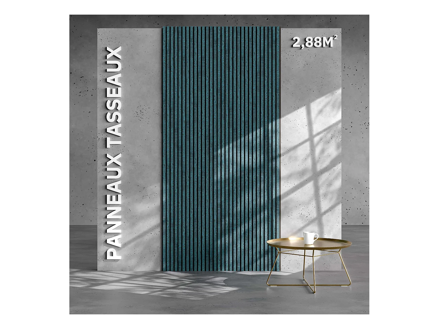 Lot de 2 Panneaux Tasseaux Bois - Bleu Oxyde Feutre Noir - 2,88 m², 2400 x 600 mm, Mon Marché Déco