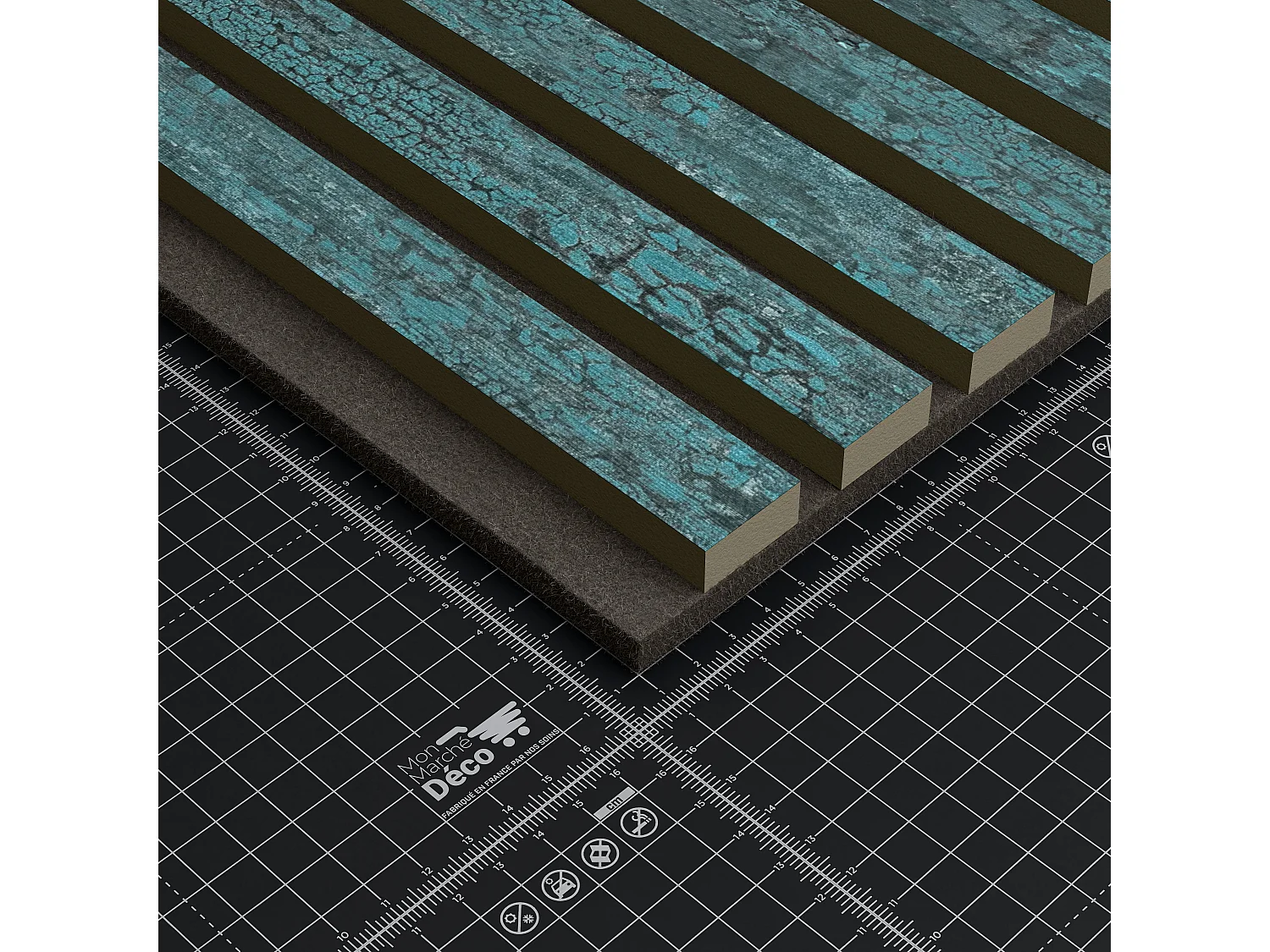 Lot de 2 Panneaux Tasseaux Bois - Bleu Oxyde Feutre Noir - 2,88 m², 2400 x 600 mm, Mon Marché Déco