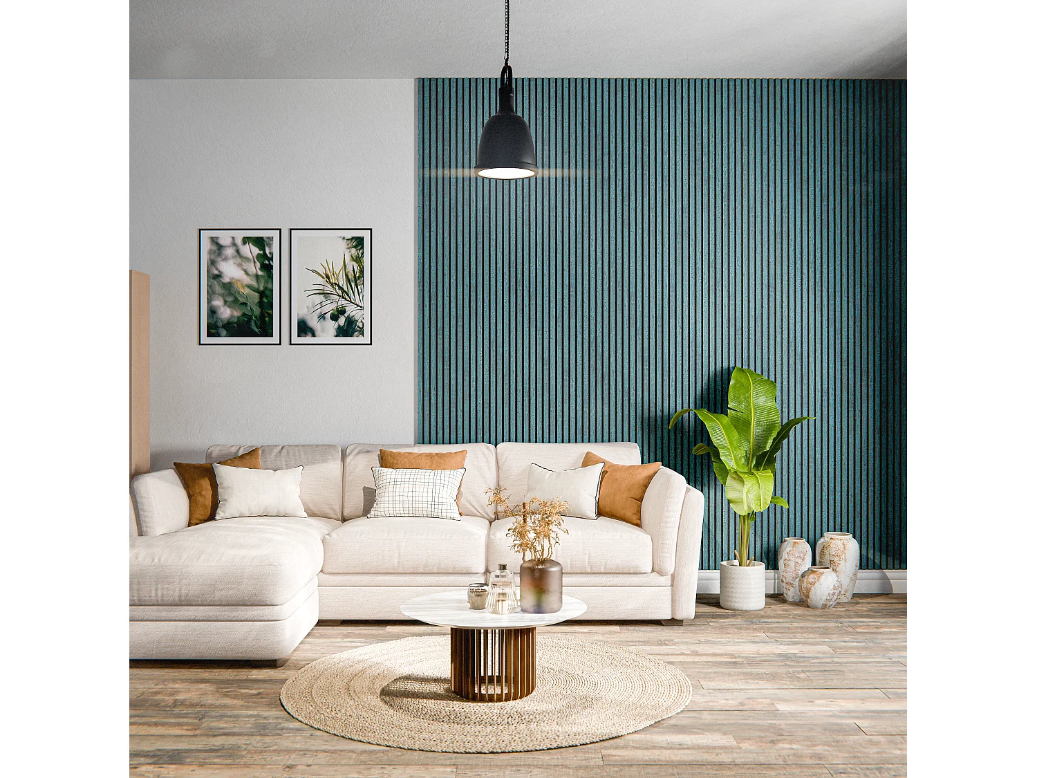 Lot de 2 Panneaux Tasseaux Bois - Bleu Oxyde Feutre Noir - 2,88 m², 2400 x 600 mm, Mon Marché Déco