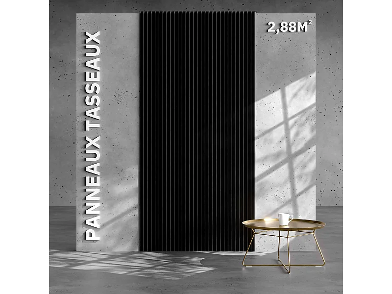 Lot de 2 Panneaux Tasseaux Bois - Noir Feutre Blanc - 2,88 m², 2400 x 600 mm, Mon Marché Déco