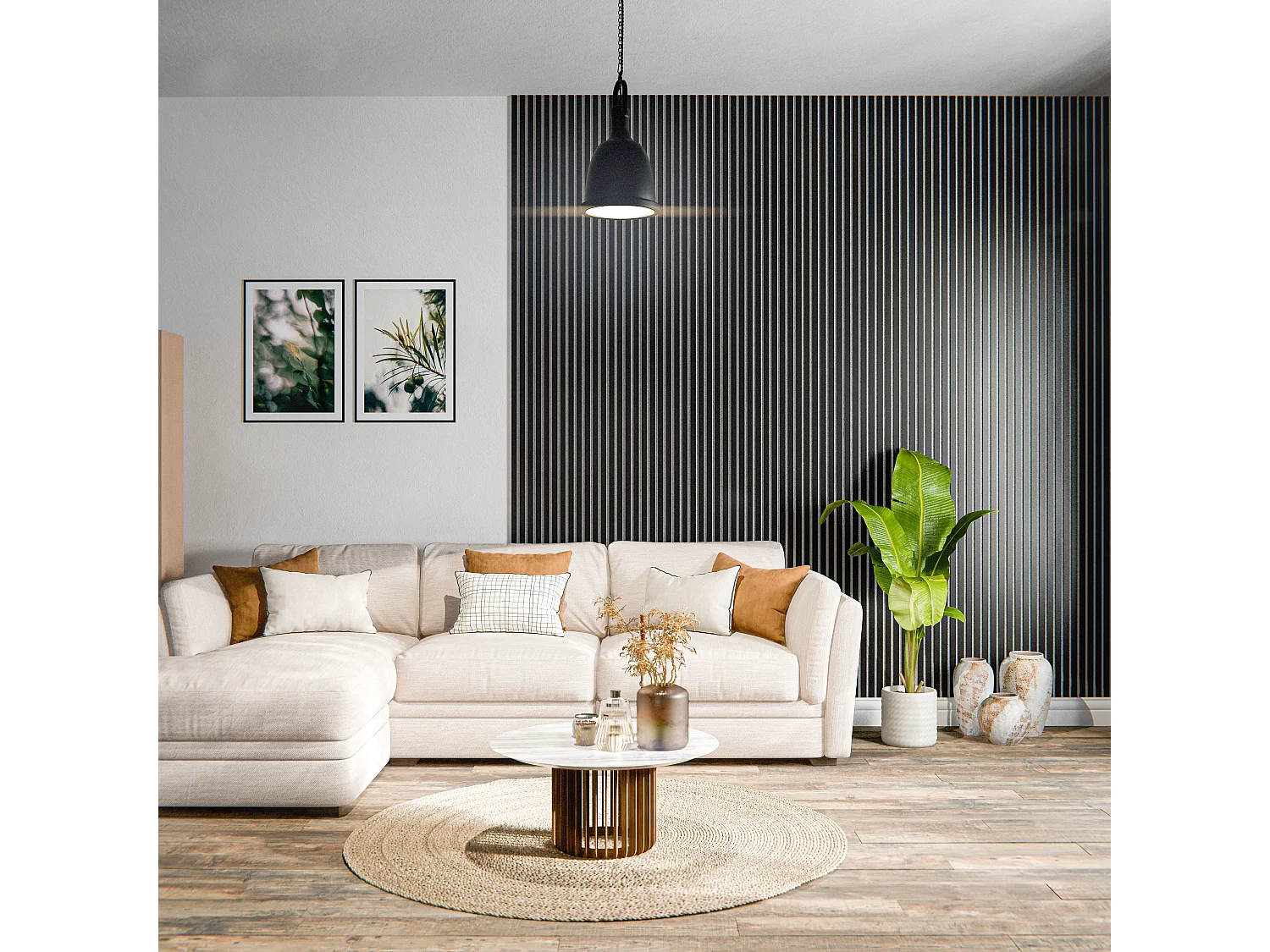 Lot de 2 Panneaux Tasseaux Bois - Noir Feutre Blanc - 2,88 m², 2400 x 600 mm, Mon Marché Déco