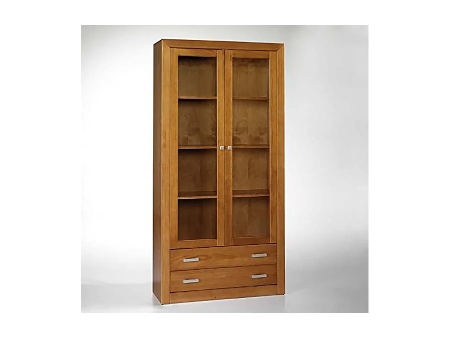 Vitrine meuble de rangement 2 portes en pin massif coloris cerisier - L. 100 x P. 37 x H. 200 cm