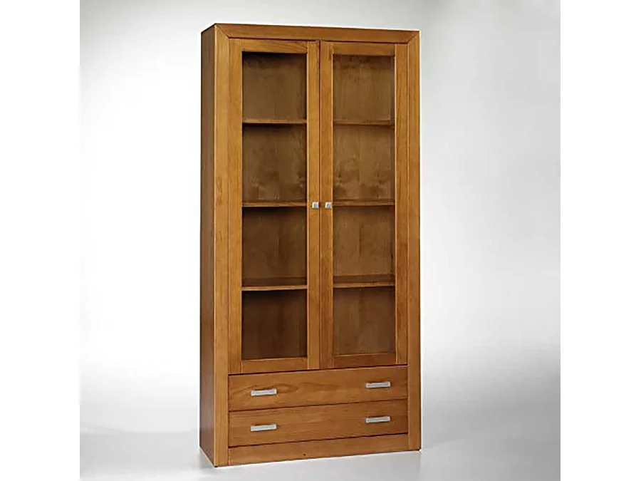 Vitrine meuble de rangement 2 portes en pin massif coloris cerisier - L. 100 x P. 37 x H. 200 cm