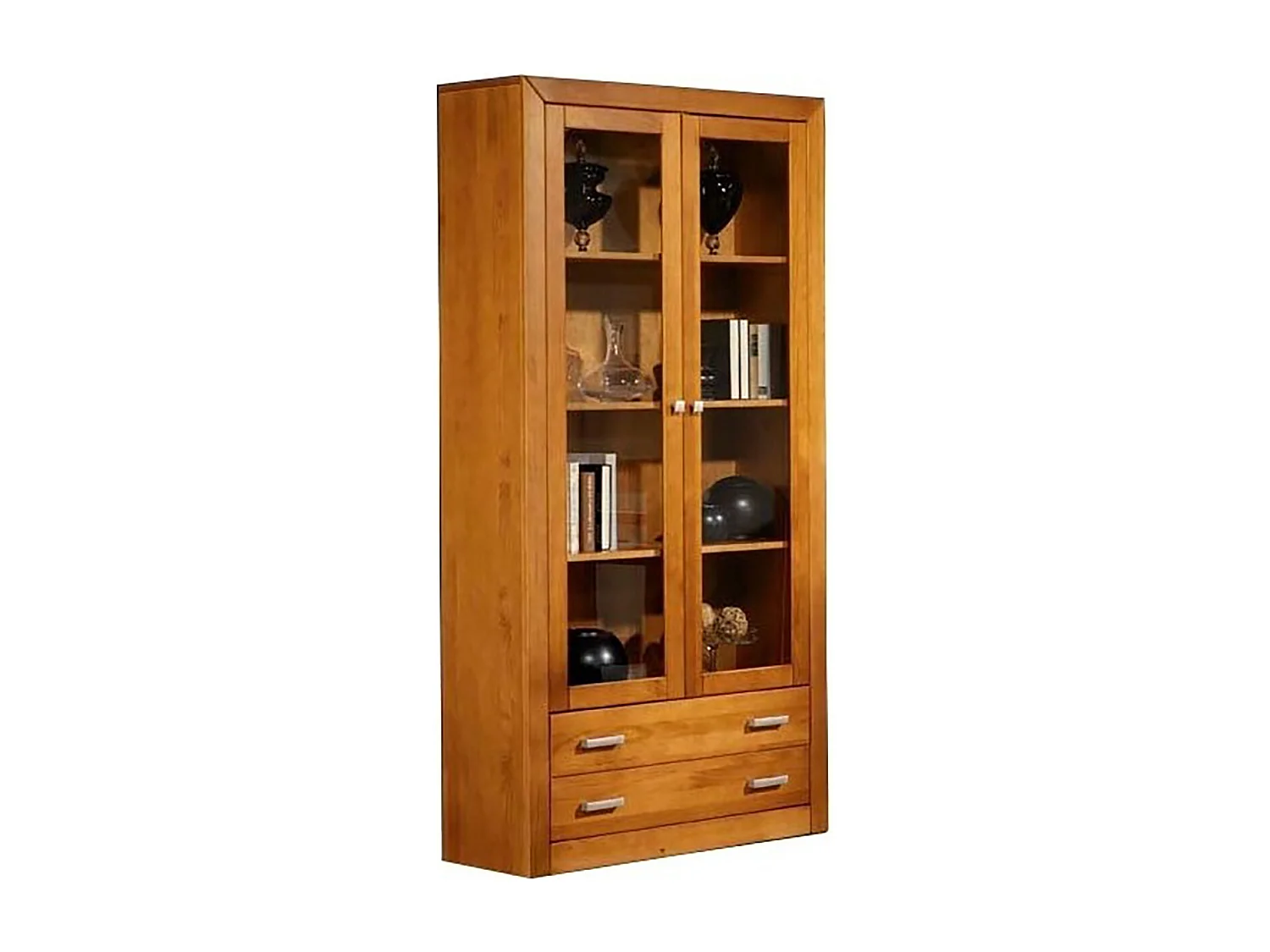 Vitrine meuble de rangement 2 portes en pin massif coloris cerisier - L. 100 x P. 37 x H. 200 cm