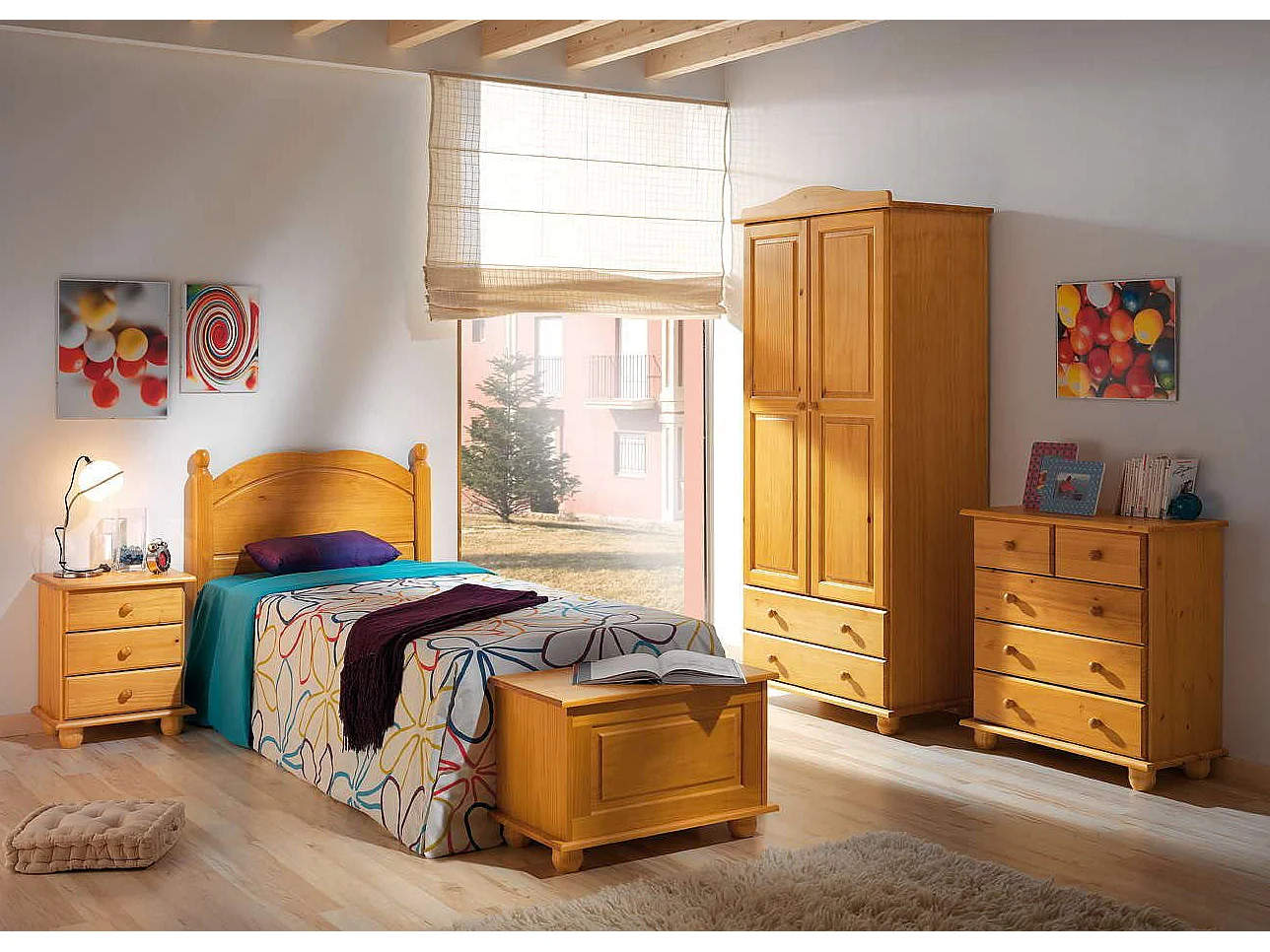 Table de chevet enfant de 3 tiroirs en bois coloris miel - L. 34 x P. 48 x H. 55 cm