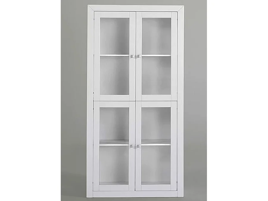 Vitrine meuble de rangement 4 portes en MDF et pin massif laqué blanc - L. 100 x P. 37 x H. 200 cm
