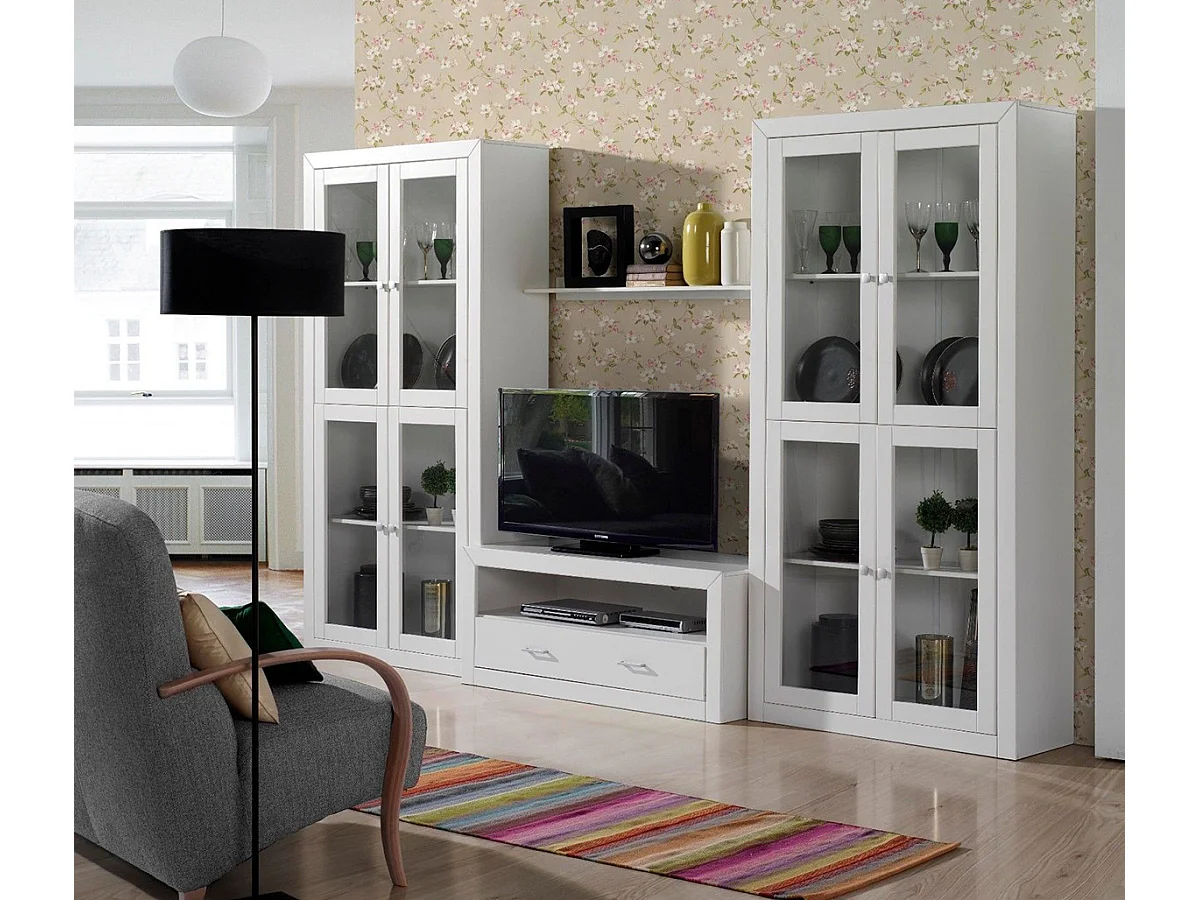 Vitrine meuble de rangement 4 portes en MDF et pin massif laqué blanc - L. 100 x P. 37 x H. 200 cm