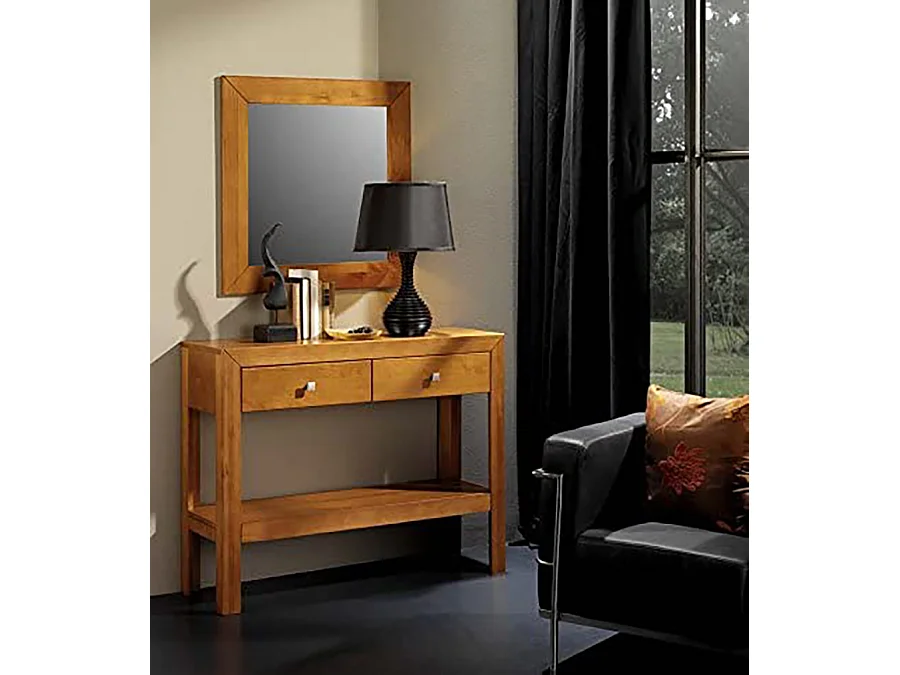 Console avec 2 tiroirs et 1 étagère en pin massif coloris cerisier - L. 105 x P. 35 x H. 85 cm