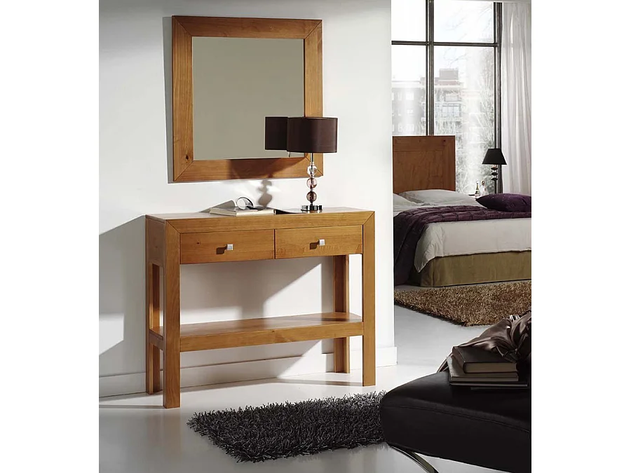 Console avec 2 tiroirs et 1 étagère en pin massif coloris cerisier - L. 105 x P. 35 x H. 85 cm