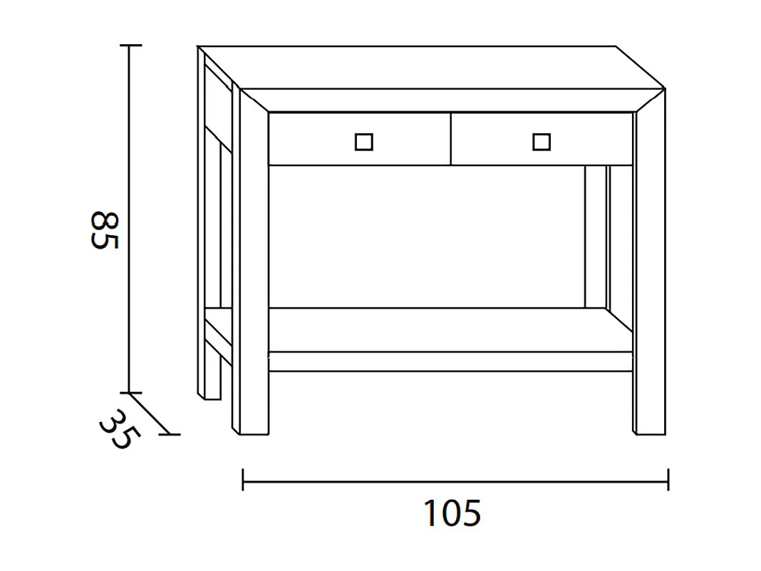 Console avec 2 tiroirs et 1 étagère en pin massif coloris cerisier - L. 105 x P. 35 x H. 85 cm