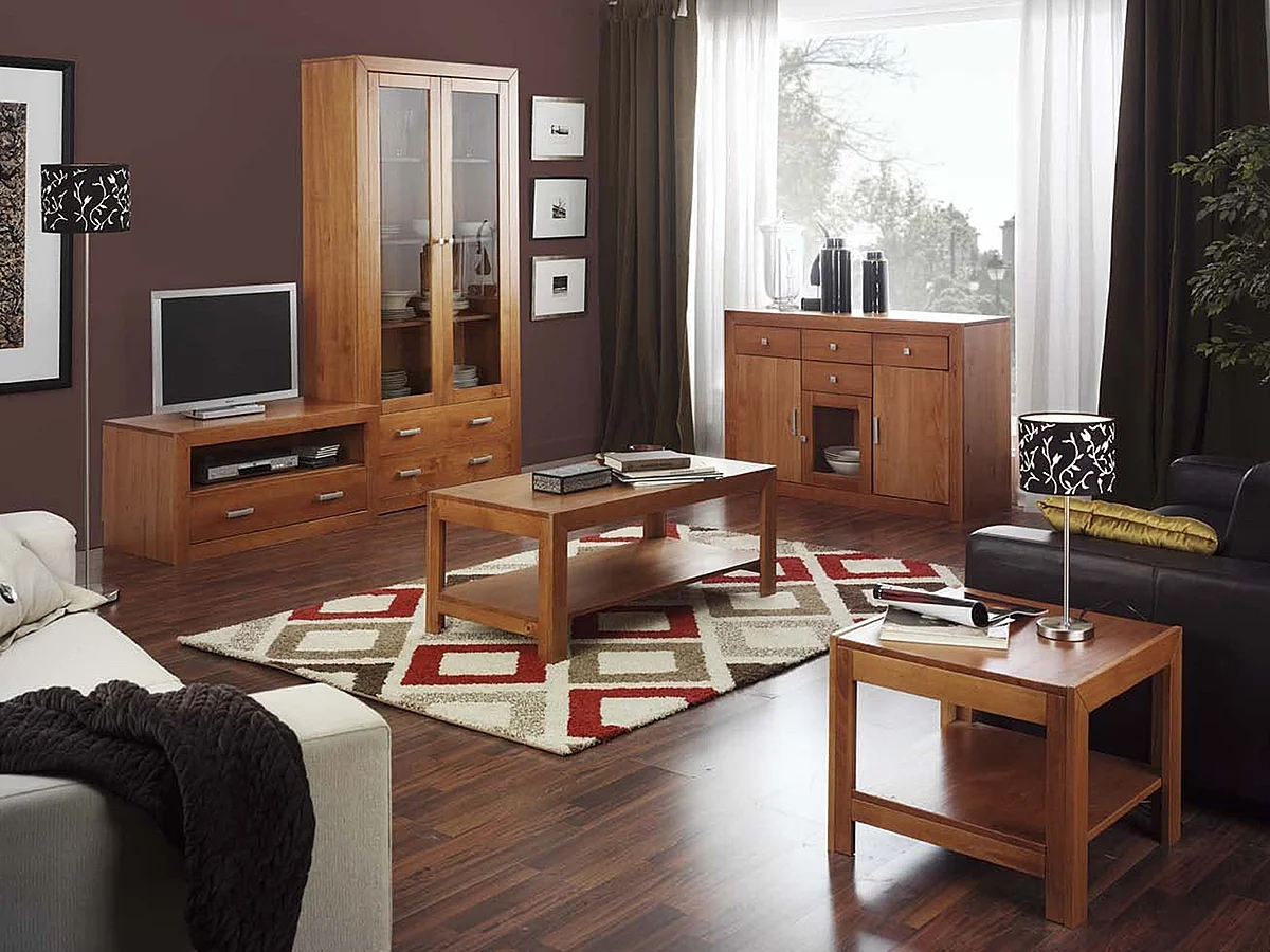 Table basse rectangulaire avec étagère en pin massif coloris cerisier - L. 110 x P. 55 x H. 45 cm