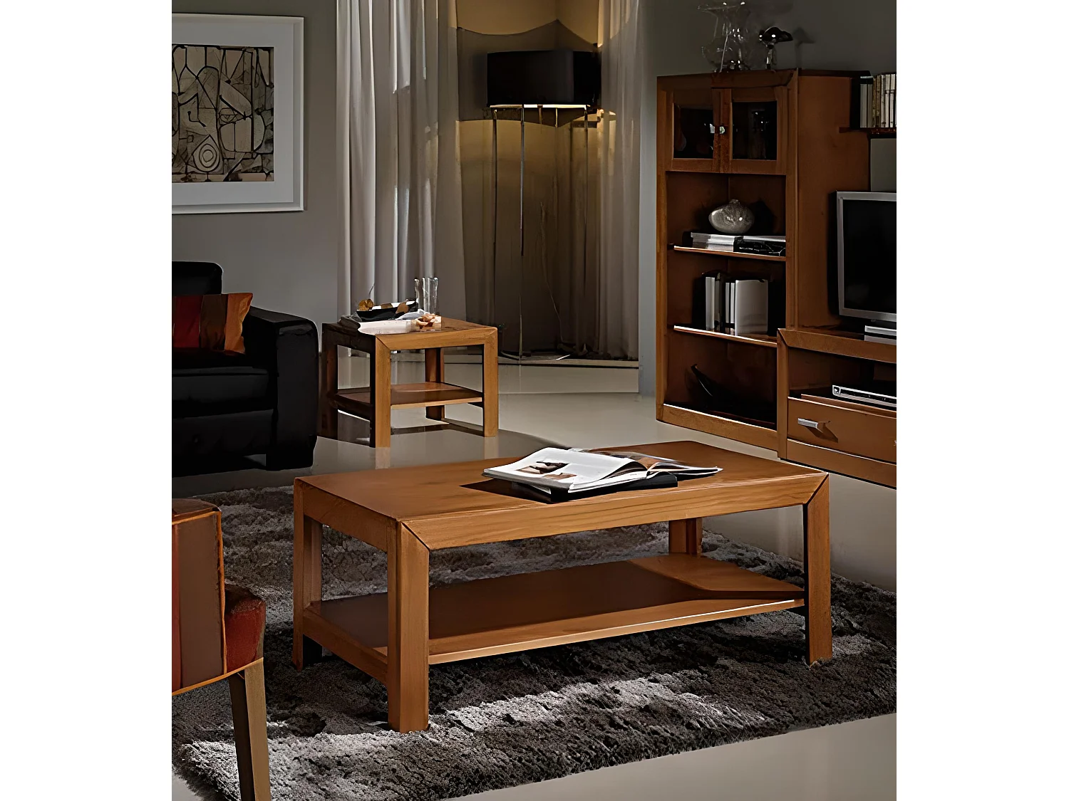 Table basse rectangulaire avec étagère en pin massif coloris cerisier - L. 110 x P. 55 x H. 45 cm