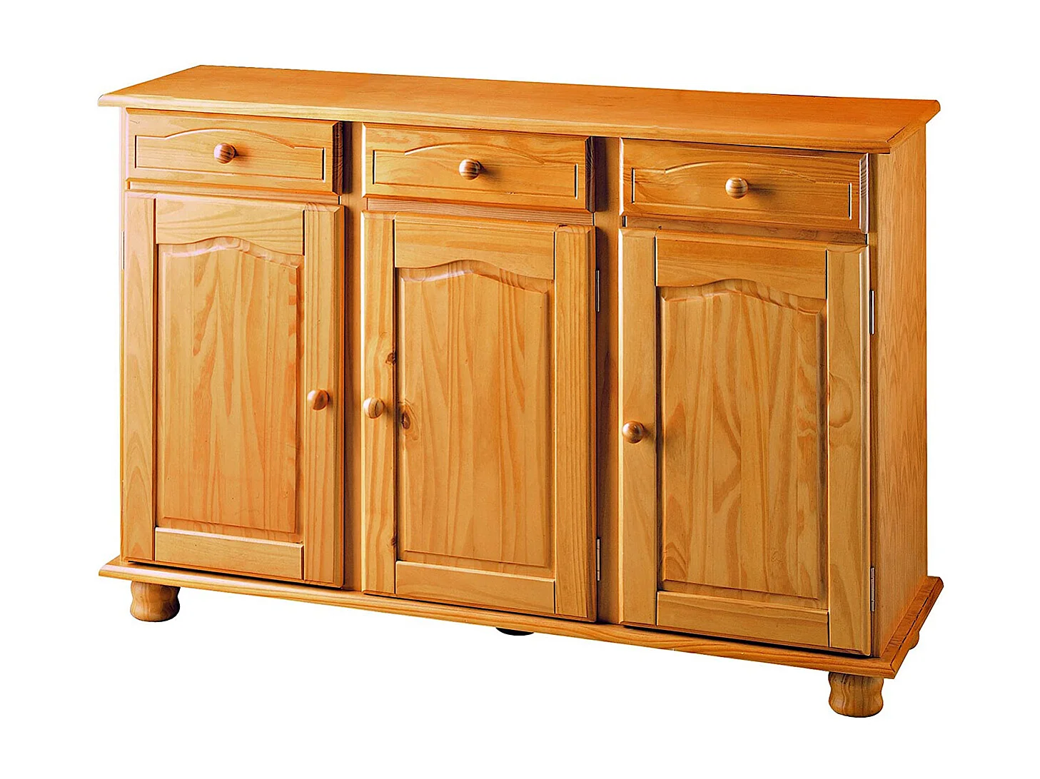 Buffet 3 portes en pin massif coloris miel - L. 130 x P. 42 x H. 86 cm