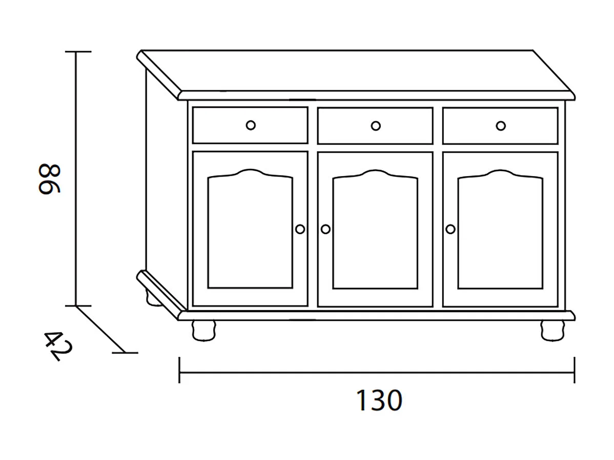 Buffet 3 portes en pin massif coloris miel - L. 130 x P. 42 x H. 86 cm