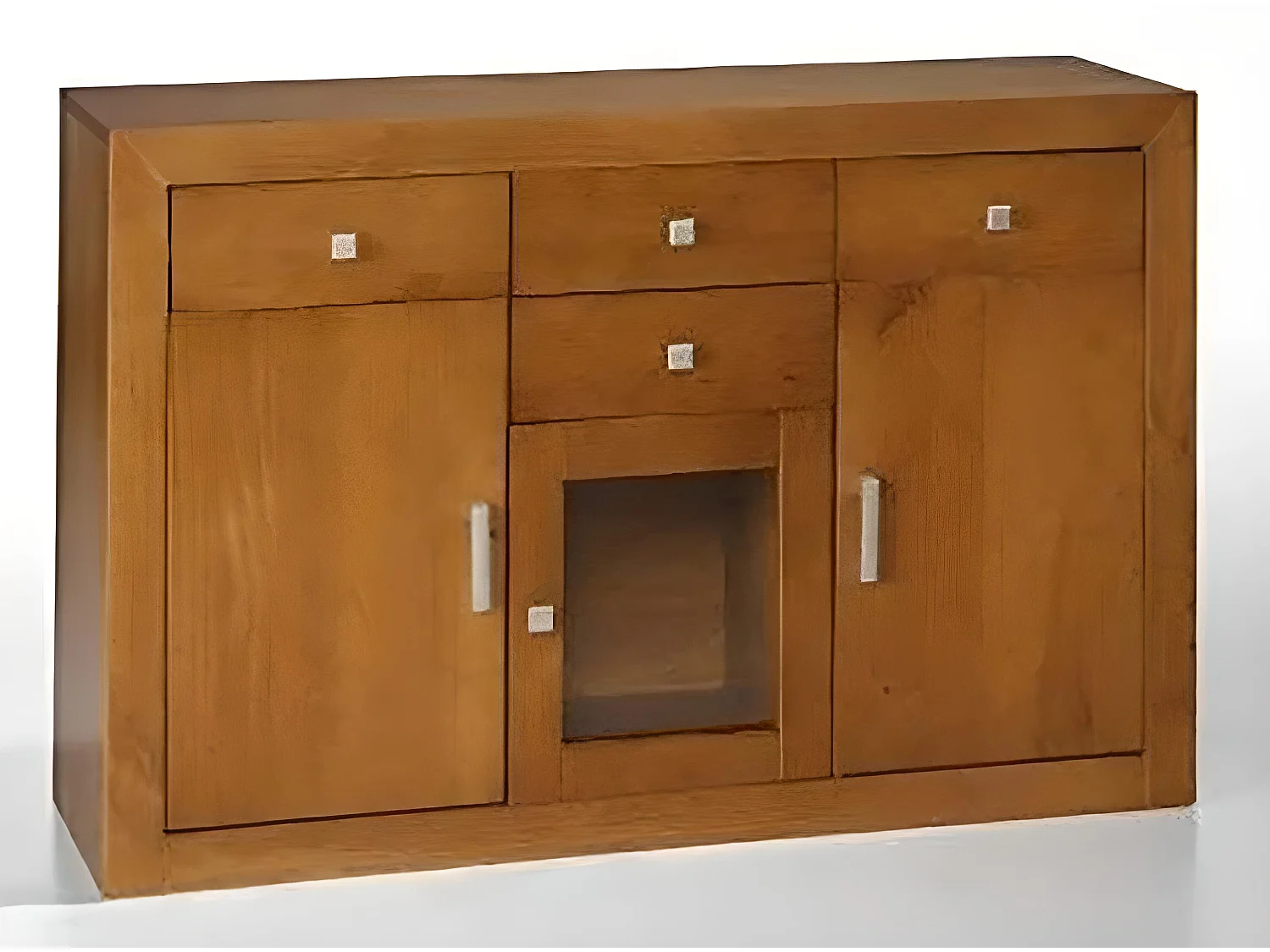 Buffet meuble de rangement en pin massif coloris cerisier - L. 130 x P. 42 x H. 86 cm