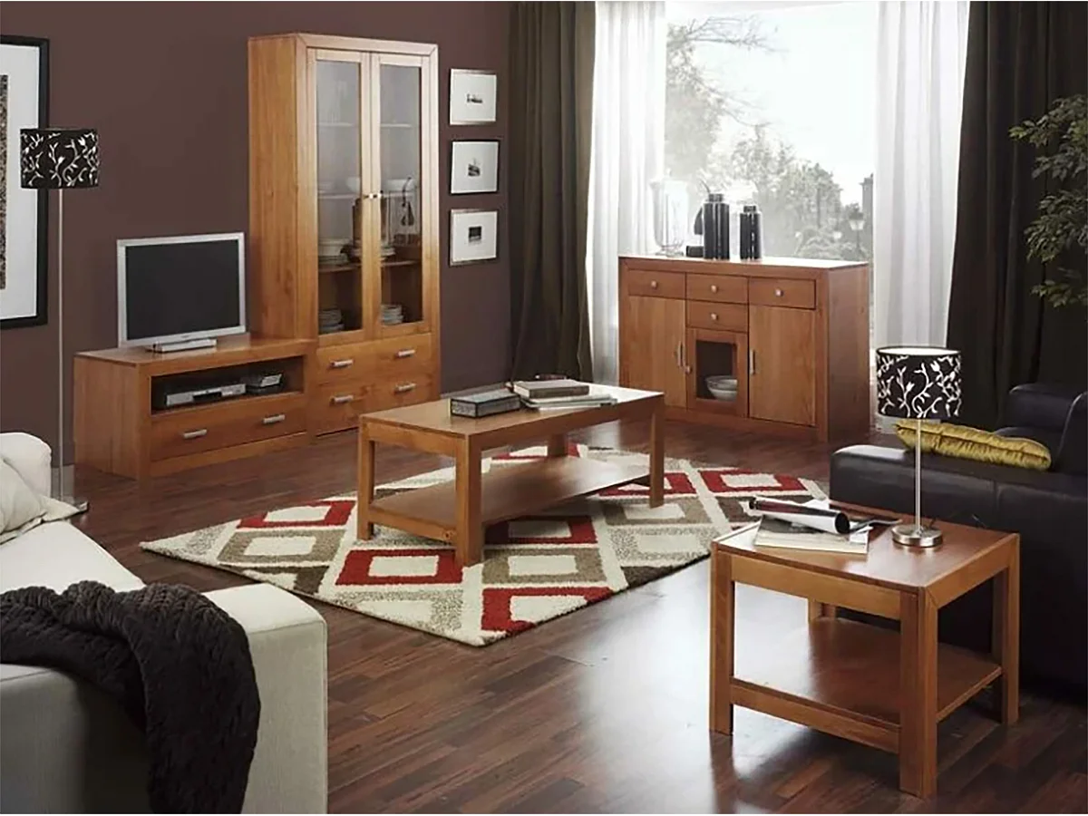 Buffet meuble de rangement en pin massif coloris cerisier - L. 130 x P. 42 x H. 86 cm