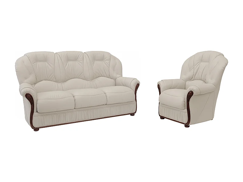 Sofá de 3 plazas y sillón 100% cuero de búfalo marfil DAPHNE