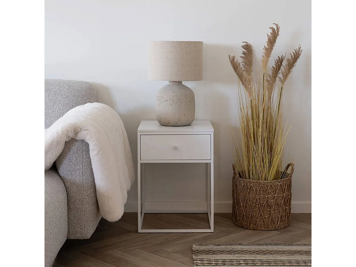 HARALD - Bout de Canapé 1 Tiroir Carré Acier et Plateau Aspect Bois Blanc