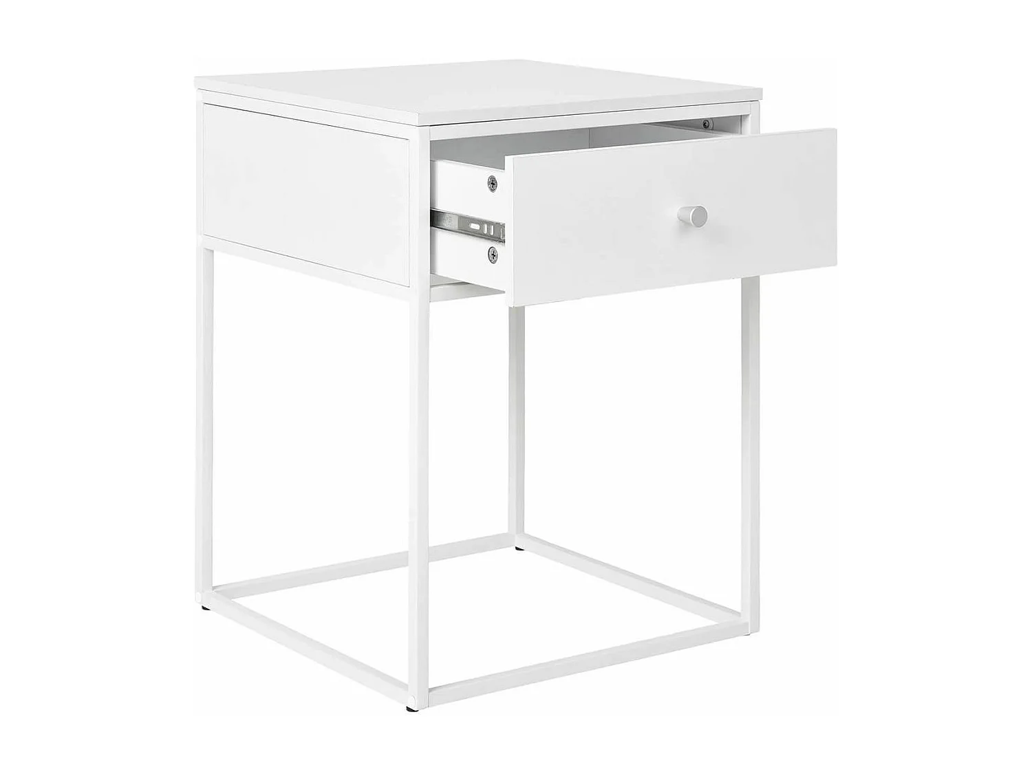 HARALD - Bout de Canapé 1 Tiroir Carré Acier et Plateau Aspect Bois Blanc