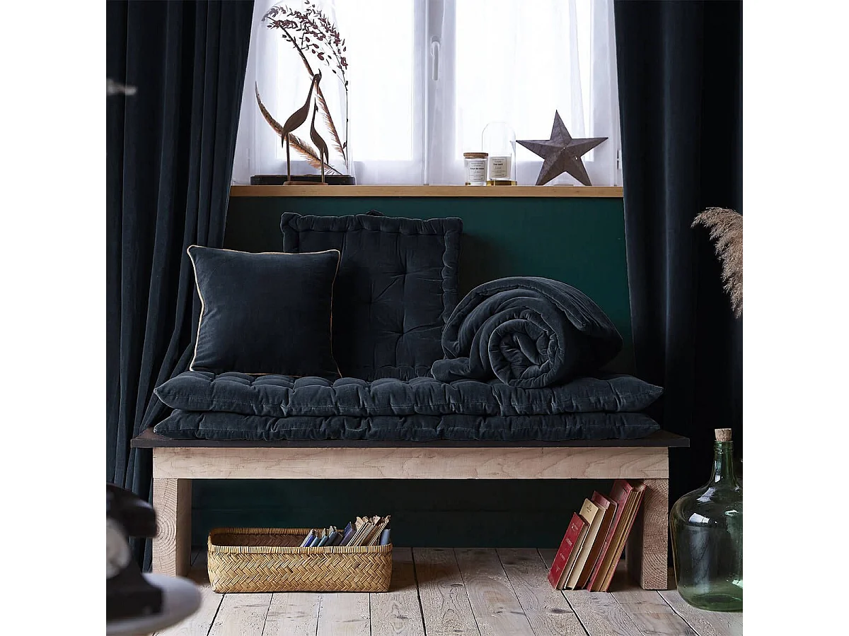 HARRIS - Rideau Ajustable 140x270cm Velours de Coton Bleu nuit + 8 Anneaux Pince