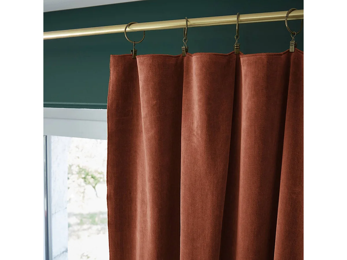HARRIS - Rideau Ajustable 140x270cm Velours de Coton Terracotta + 8 Anneaux Pince