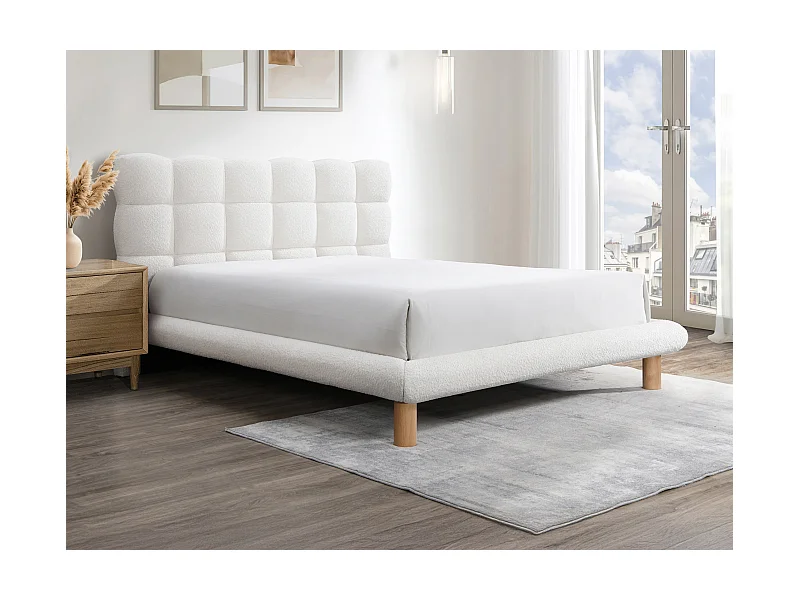 Bett mit gestepptem Kopfteil + Matratze - 160 x 200 cm - Bouclé-Stoff - Weiß - FUDALI