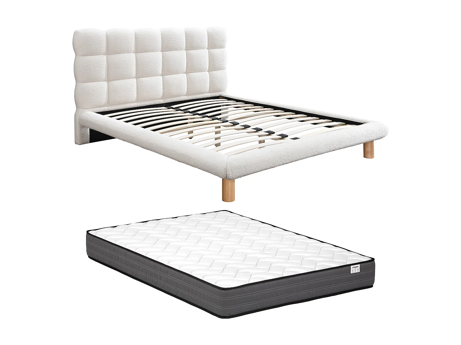 Seng med vattert hodegavl 160 x 200 cm - Bukléstoff - Hvit + Madrass - FUDALI