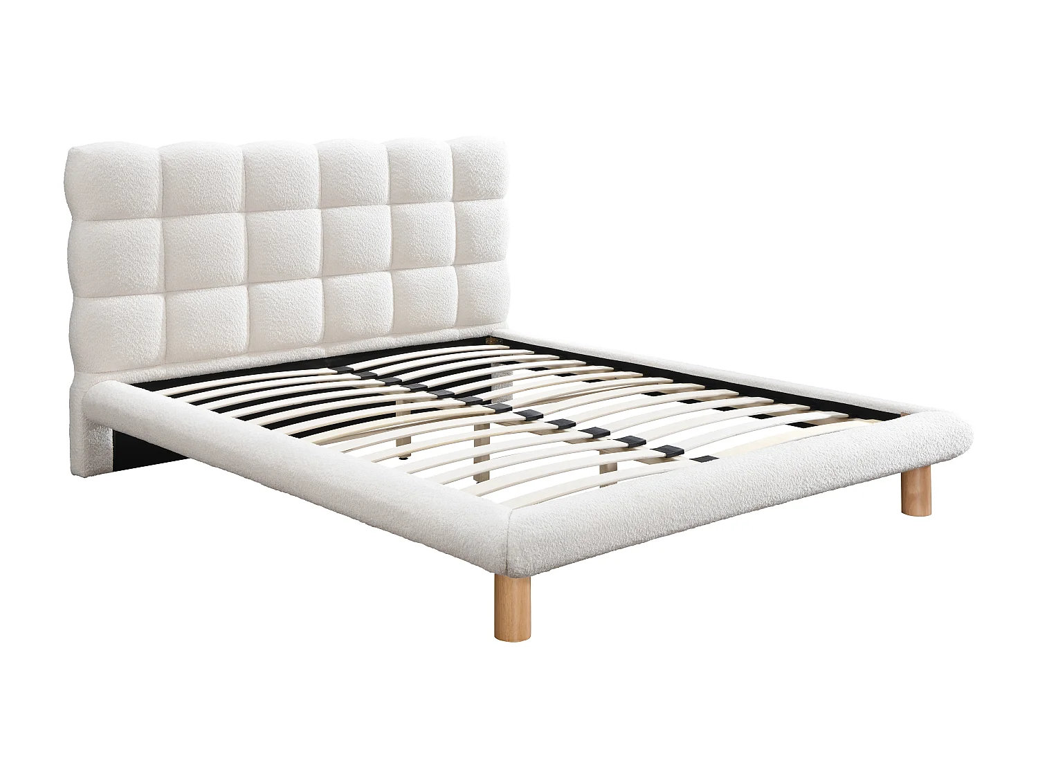 Bed met gewatteerd hoofdbord 180 x 200 cm - Boucléstof - Wit + matras - FUDALI