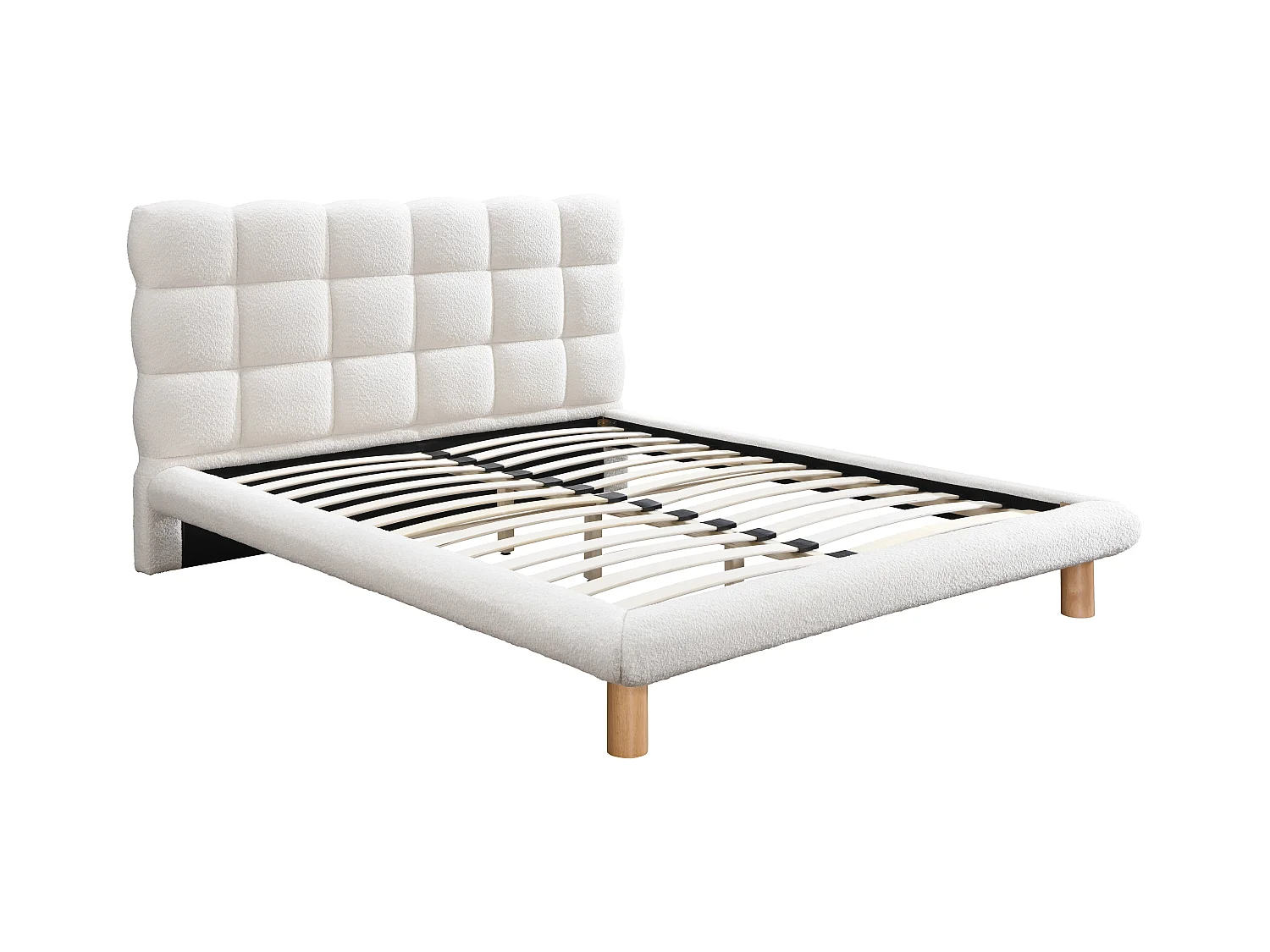 Lit avec tête de lit matelassée 180 x 200 cm - Tissu bouclette - Blanc + Matelas - FUDALI