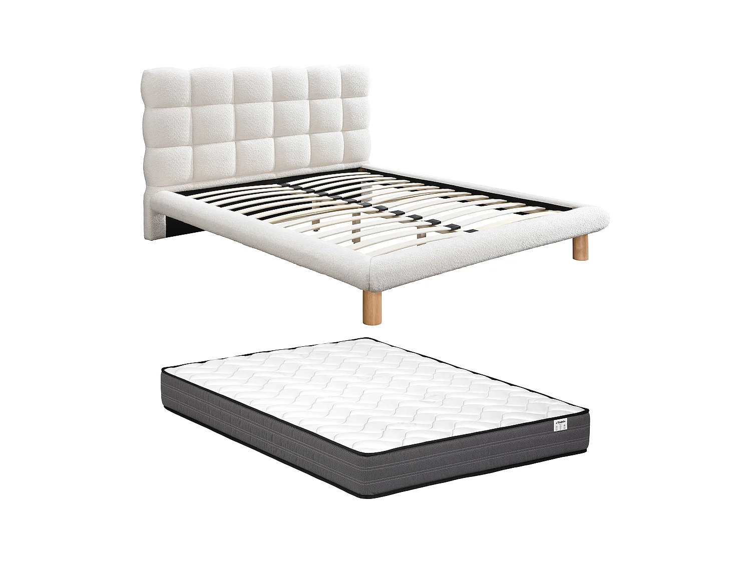 Lit avec tête de lit matelassée 180 x 200 cm - Tissu bouclette - Blanc + Matelas - FUDALI