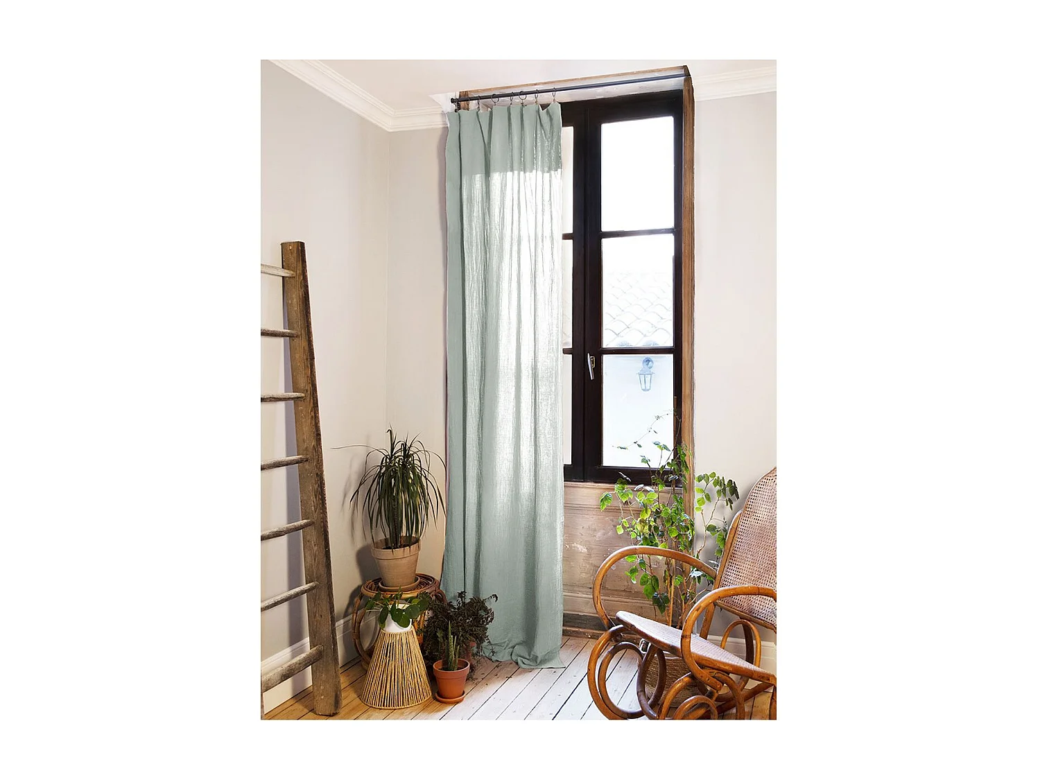 OUREA - Rideau Ajustable 140x300 cm Gaze de Coton Eucalyptus + 8 Anneaux Pince