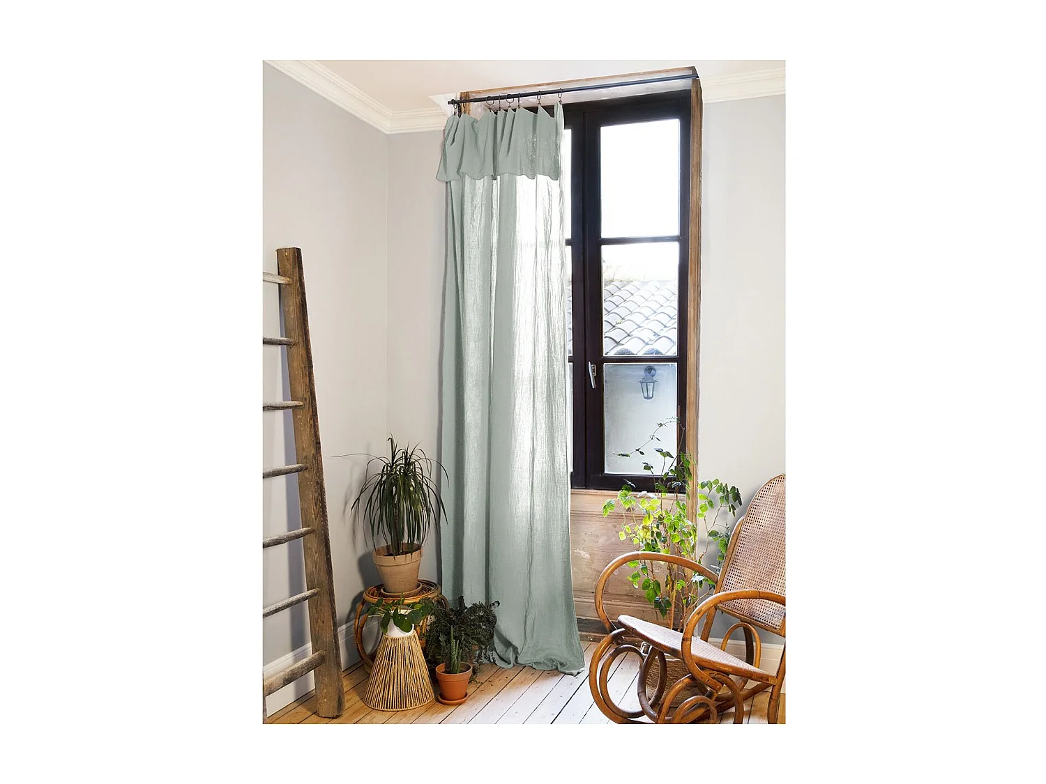 OUREA - Rideau Ajustable 140x300 cm Gaze de Coton Eucalyptus + 8 Anneaux Pince