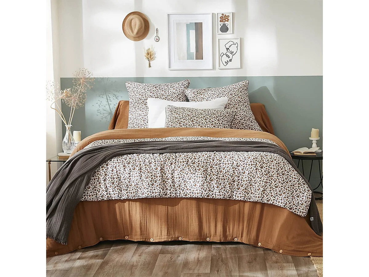 SOLENE - Taie d'Oreiller 60x60cm Gaze de Coton Imprimé Tâcheté Beige