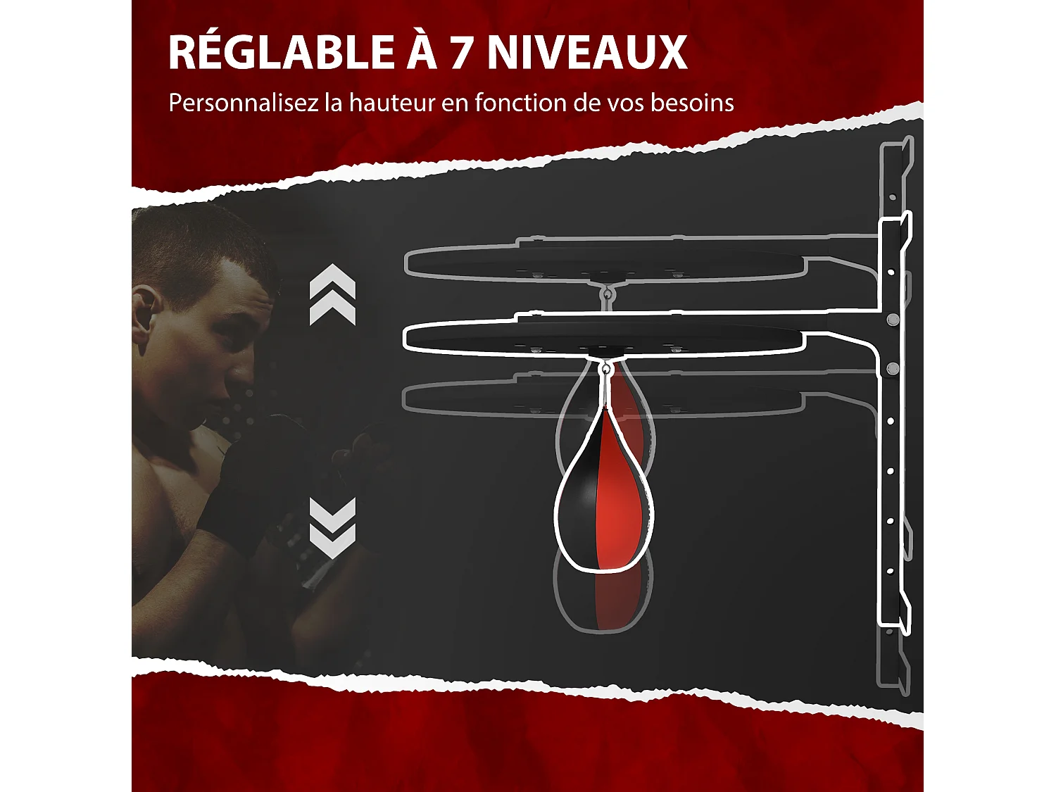 Punching ball poire de vitesse boxe avec support plateau tournant + pompe MDF acier revêtement synthétique rouge noir