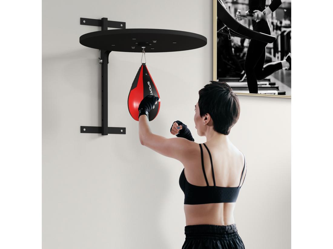 vente unique Punching ball poire de vitesse boxe avec support plateau tournant + pompe MDF acier revêtement synthétique rouge noir