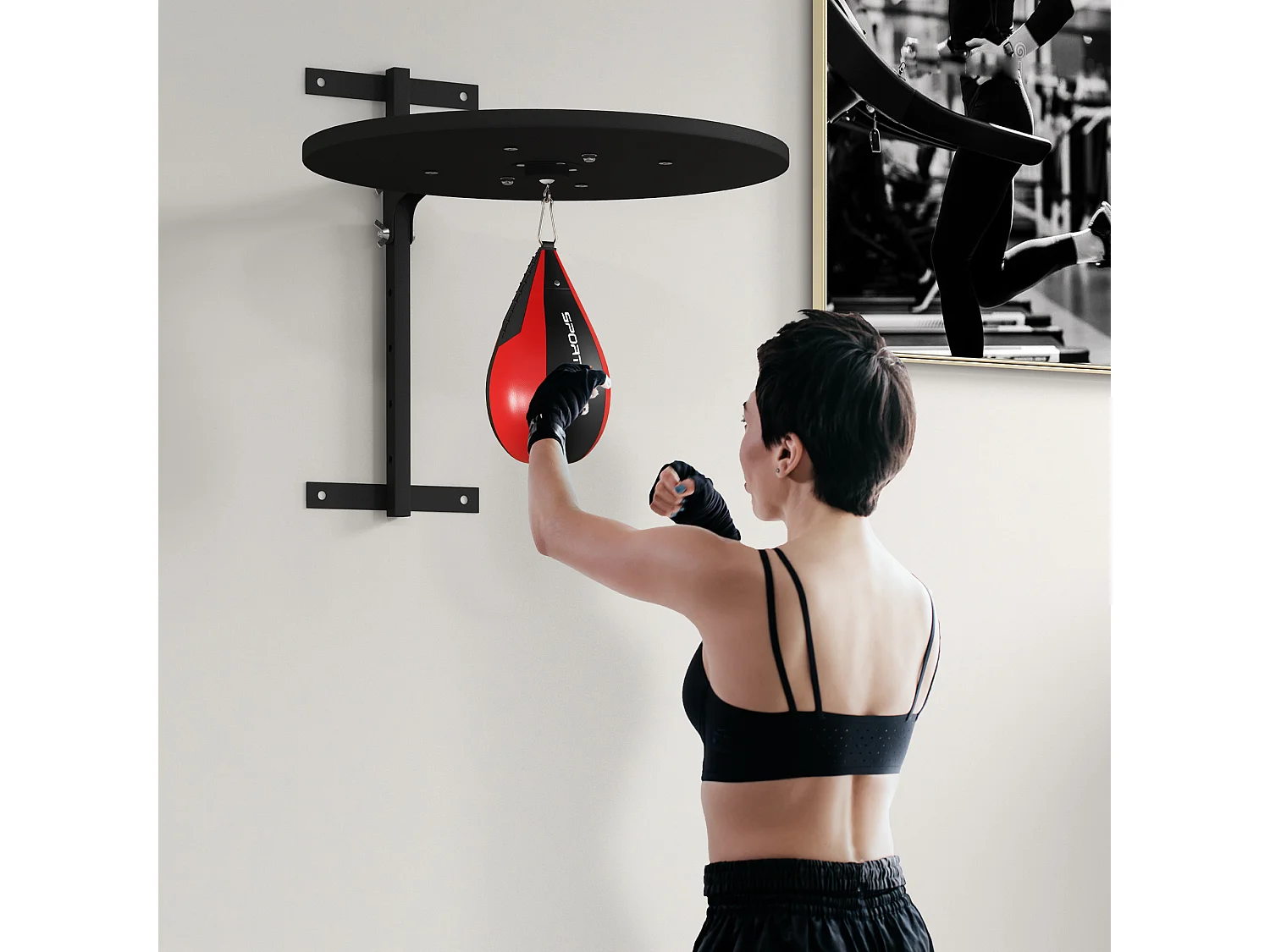 Punching ball poire de vitesse boxe avec support plateau tournant + pompe MDF acier revêtement synthétique rouge noir