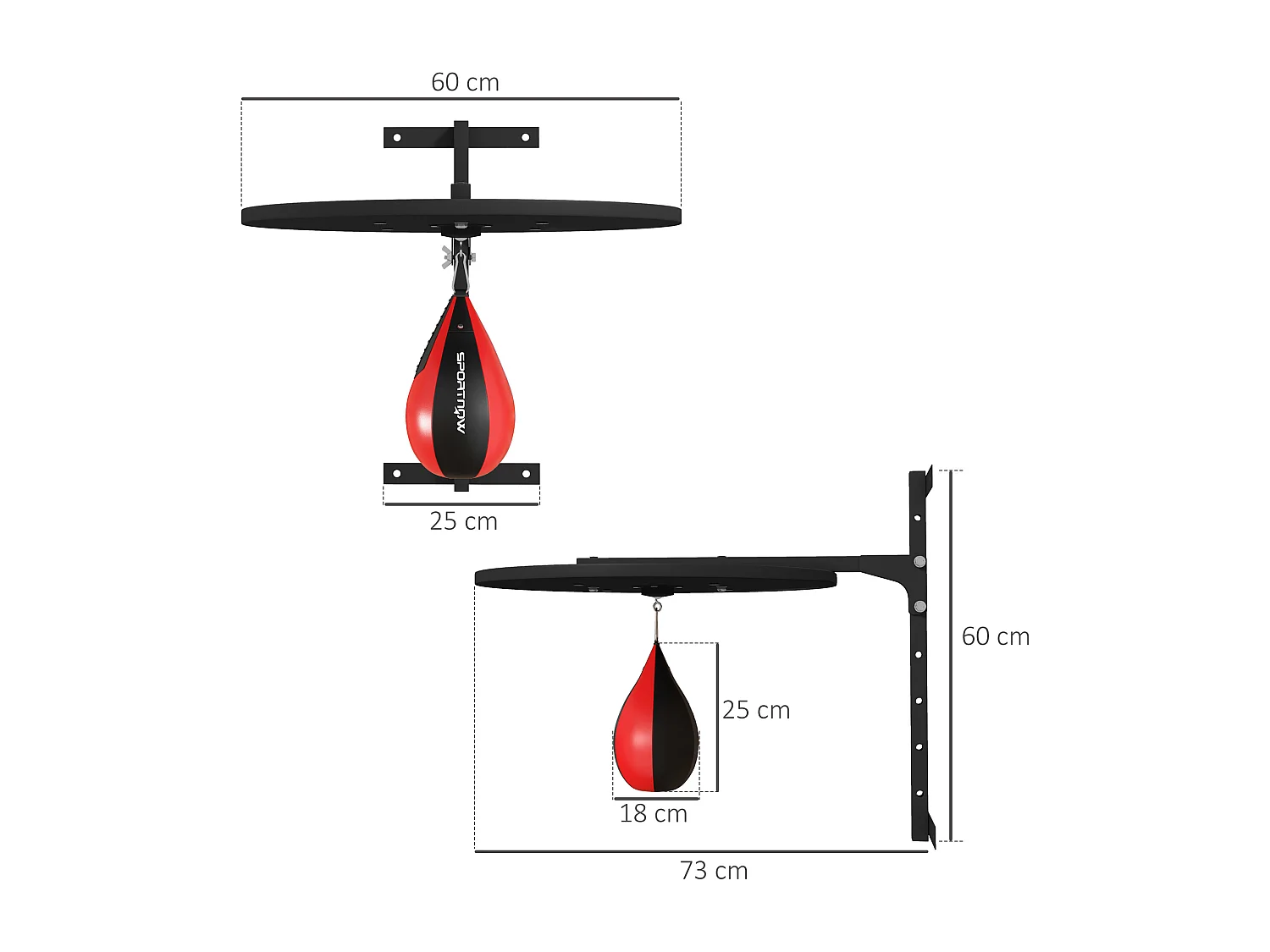 Punching ball poire de vitesse boxe avec support plateau tournant + pompe MDF acier revêtement synthétique rouge noir