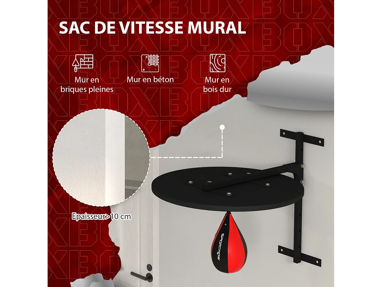 Punching ball poire de vitesse boxe avec support plateau tournant + pompe MDF acier revêtement synthétique rouge noir