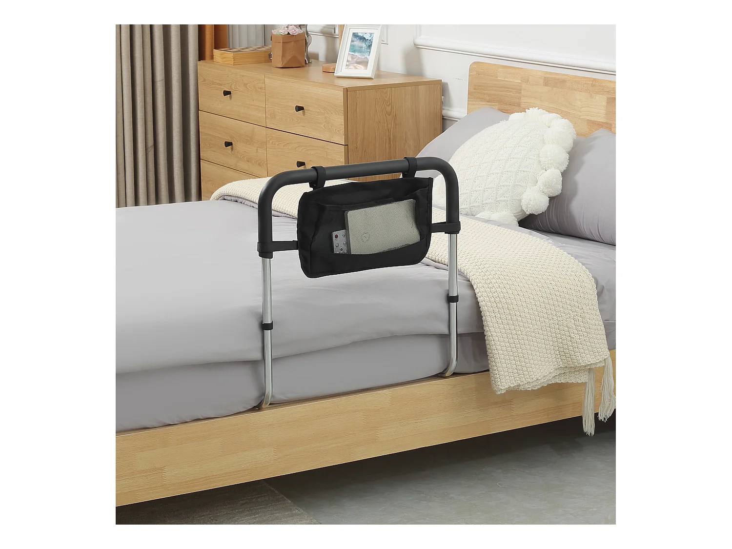 Barre de redressement de lit réglable en hauteur - poignée d'appui pour le lit - barre d'appui de lit avec rangement - acier noir