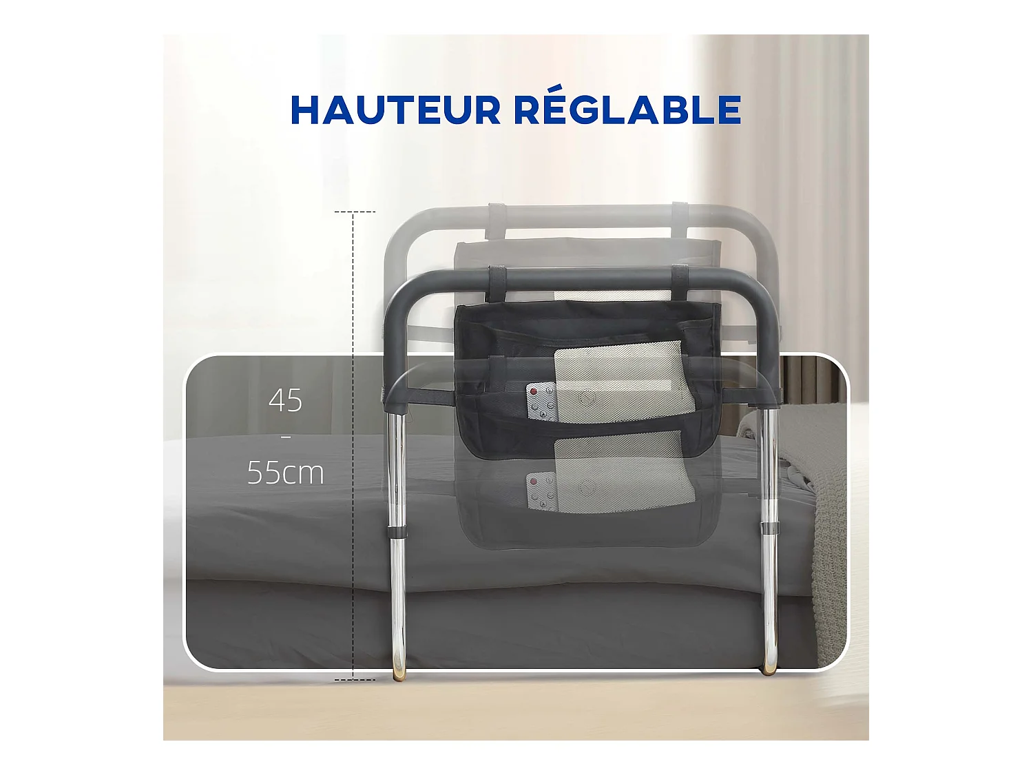 Barre de redressement de lit réglable en hauteur - poignée d'appui pour le lit - barre d'appui de lit avec rangement - acier noir