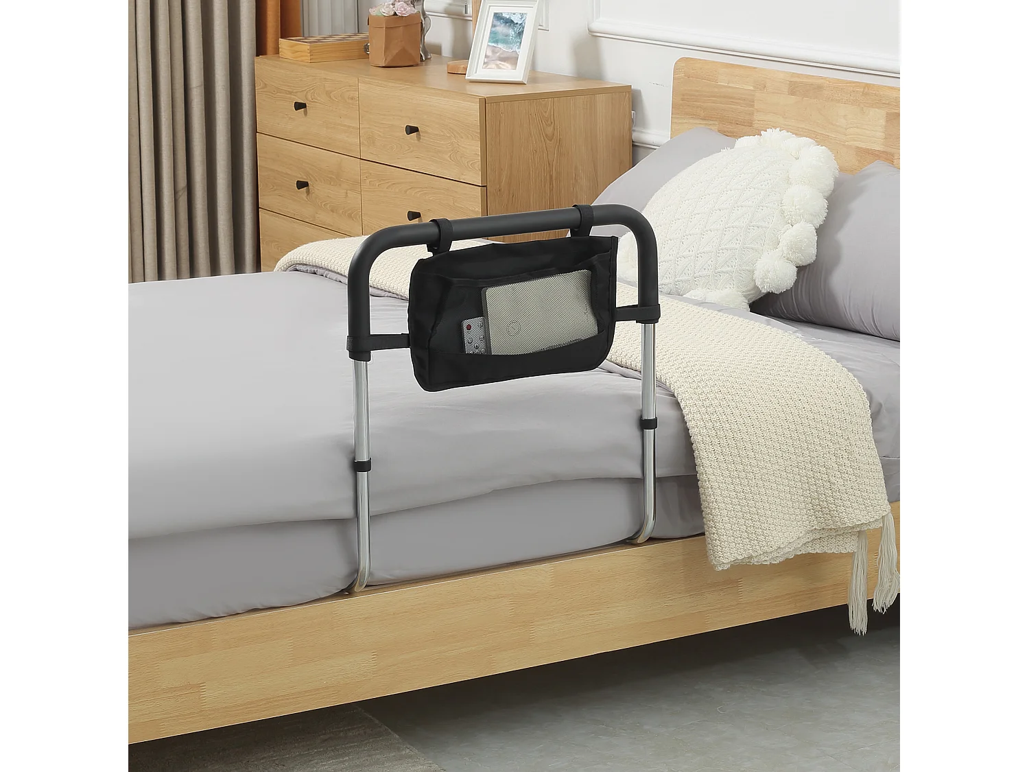 Barre de redressement de lit réglable en hauteur - poignée d'appui pour le lit - barre d'appui de lit avec rangement - acier noir